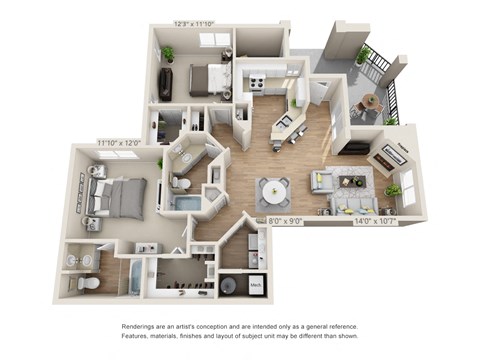 Floor plan for 2 beds, 2 baths, 1212 sqft